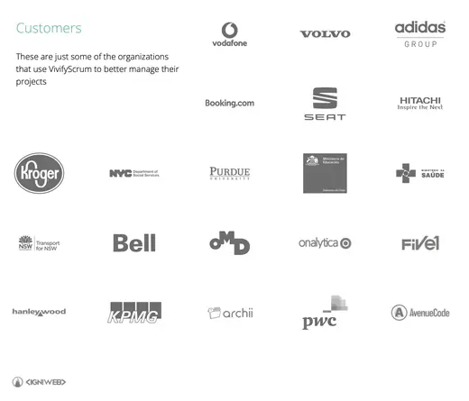 VivifyScrum customer logos including Vodafone, Volvo, adidas and KPMG