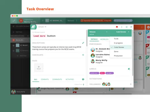 VivifyScrum task overview with description, assignees and workflow status