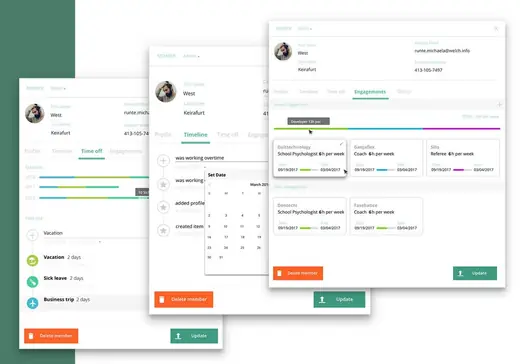 VivifyScrum team member profile screens with time off and engagements