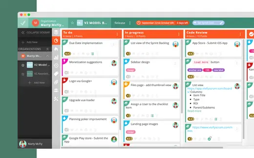 VivifyScrum Kanban board with To do, In progress and Code review columns
