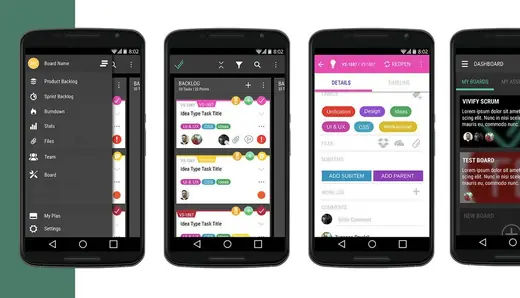 VivifyScrum Android app screens on four phones, from menu to dashboard