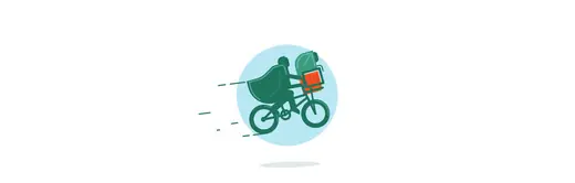 VivifyScrum illustration of a caped figure riding a bicycle with a basket