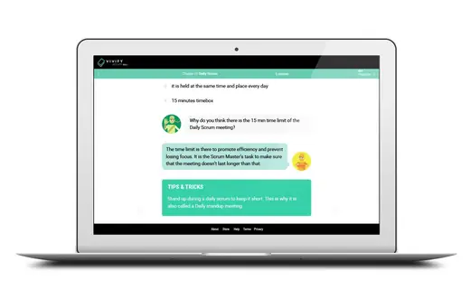 VivifyScrum EDU Daily Scrum lesson with chat bubbles and a tip on a laptop