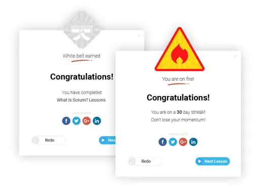 VivifyScrum EDU award pop-ups for a white belt and a 30 day streak