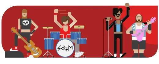VivifyScrum EDU illustration of a rock band with Scrum on the bass drum