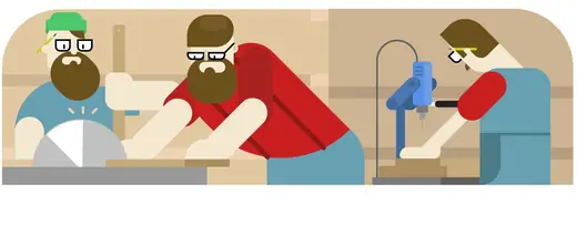 VivifyScrum EDU illustration of three craftsmen at a saw, workbench and drill press