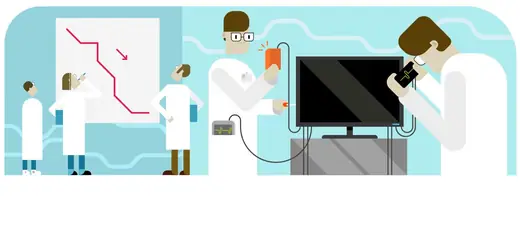 VivifyScrum EDU illustration of lab workers testing a TV beside a falling chart
