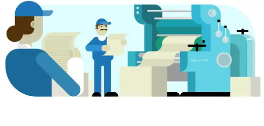 VivifyScrum EDU illustration of workers checking prints from a large printing press