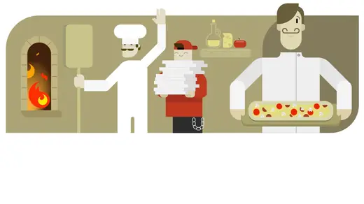 VivifyScrum EDU illustration of pizza chefs, a wood oven and a courier with boxes